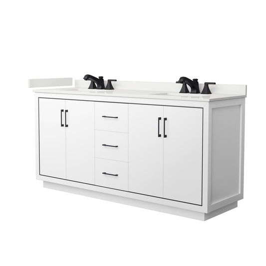 Wyndham Collection Icon 72" Double Bathroom Vanity in White, White Quartz Countertop, Undermount Square Sinks (3-Hole), Matte Black Trim