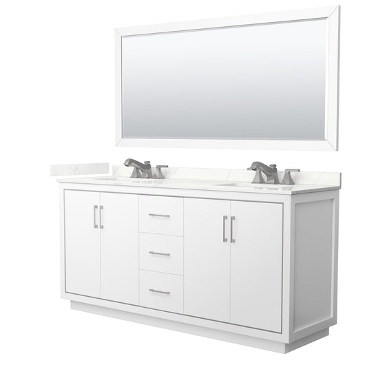 Wyndham Collection Icon 72" Double Bathroom Vanity in White, Giotto Quartz Countertop, Undermount Square Sinks (3-Hole), Brushed Nickel Trim, 70" Mirror