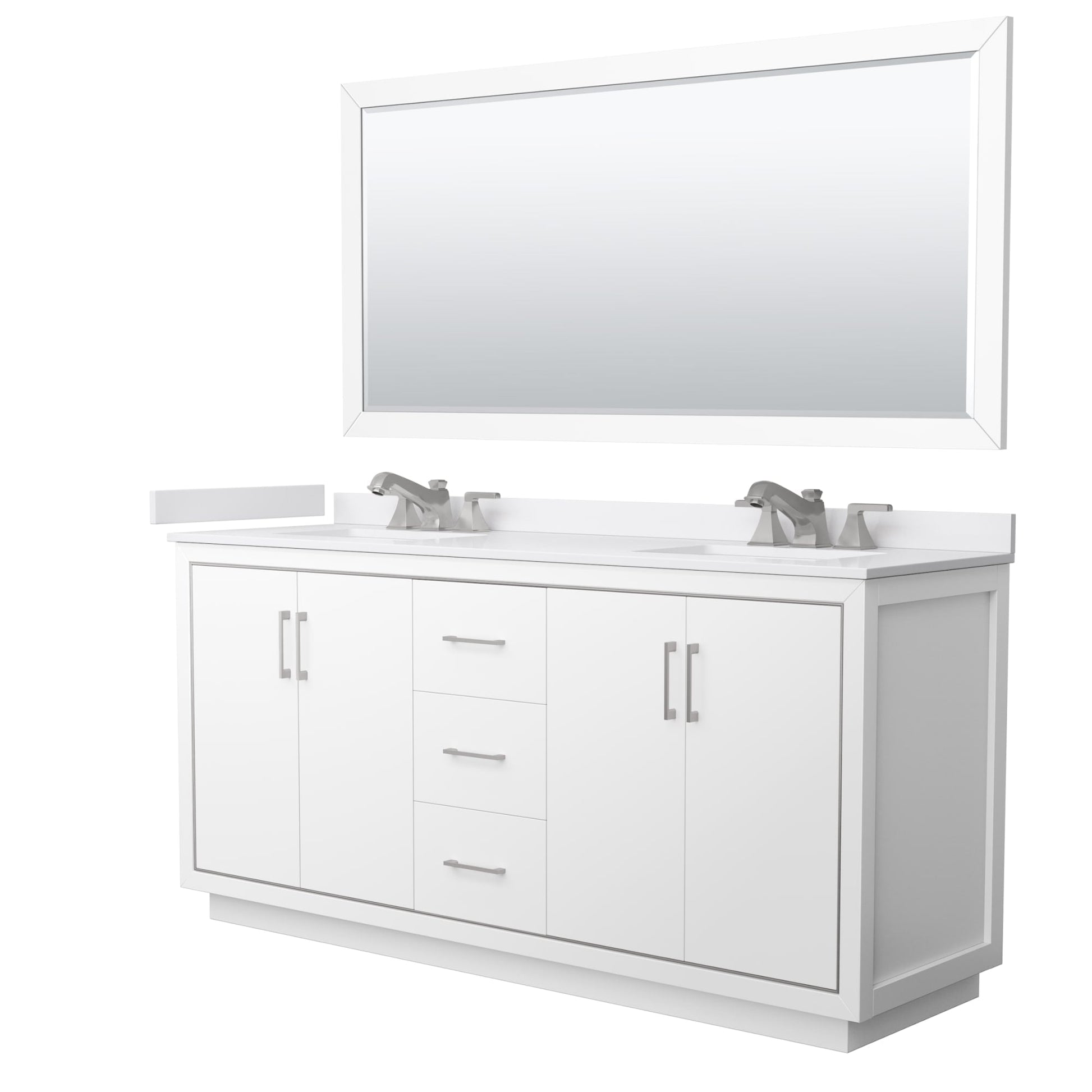 Wyndham Collection Icon 72" Double Bathroom Vanity in White, White Cultured Marble Countertop, Undermount Square Sinks (3-Hole), Brushed Nickel Trim, 70" Mirror