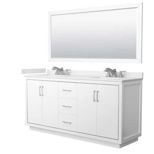 Wyndham Collection Icon 72" Double Bathroom Vanity in White, White Cultured Marble Countertop, Undermount Square Sinks (3-Hole), Brushed Nickel Trim, 70" Mirror