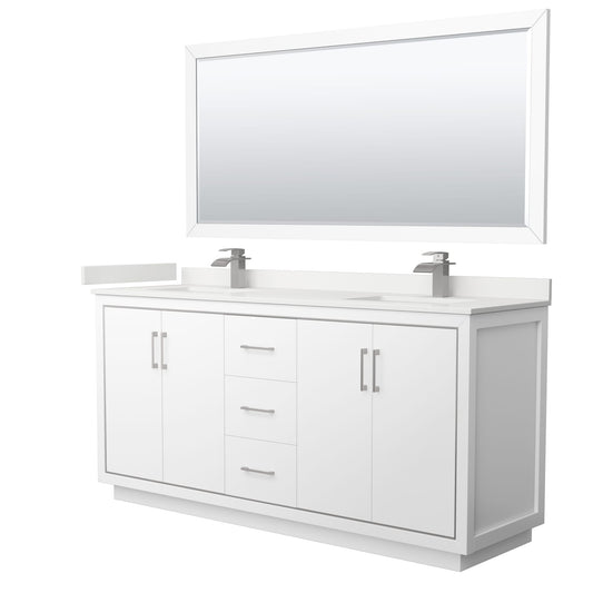 Wyndham Collection Icon 72" Double Bathroom Vanity in White, White Quartz Countertop, Undermount Square Sinks (1-Hole), Brushed Nickel Trim, 70" Mirror