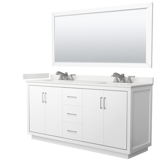 Wyndham Collection Icon 72" Double Bathroom Vanity in White, White Quartz Countertop, Undermount Square Sinks (3-Hole), Brushed Nickel Trim, 70" Mirror