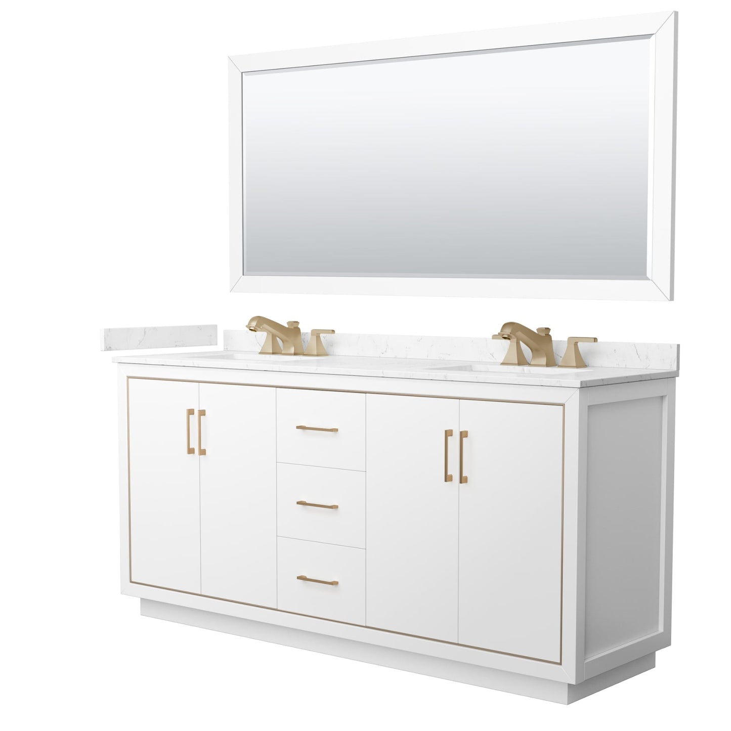 Wyndham Collection Icon 72" Double Bathroom Vanity in White, Carrara Cultured Marble Countertop, Undermount Square Sinks (3-Hole), Satin Bronze Trim, 70" Mirror