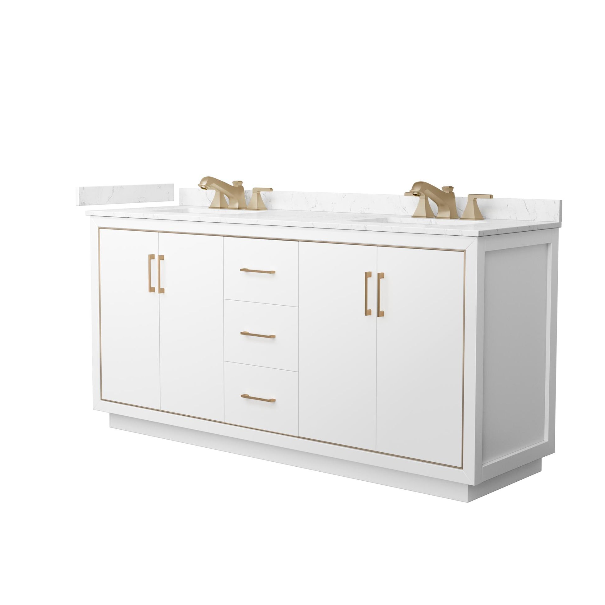 Wyndham Collection Icon 72" Double Bathroom Vanity in White, Carrara Cultured Marble Countertop, Undermount Square Sinks (3-Hole), Satin Bronze Trim