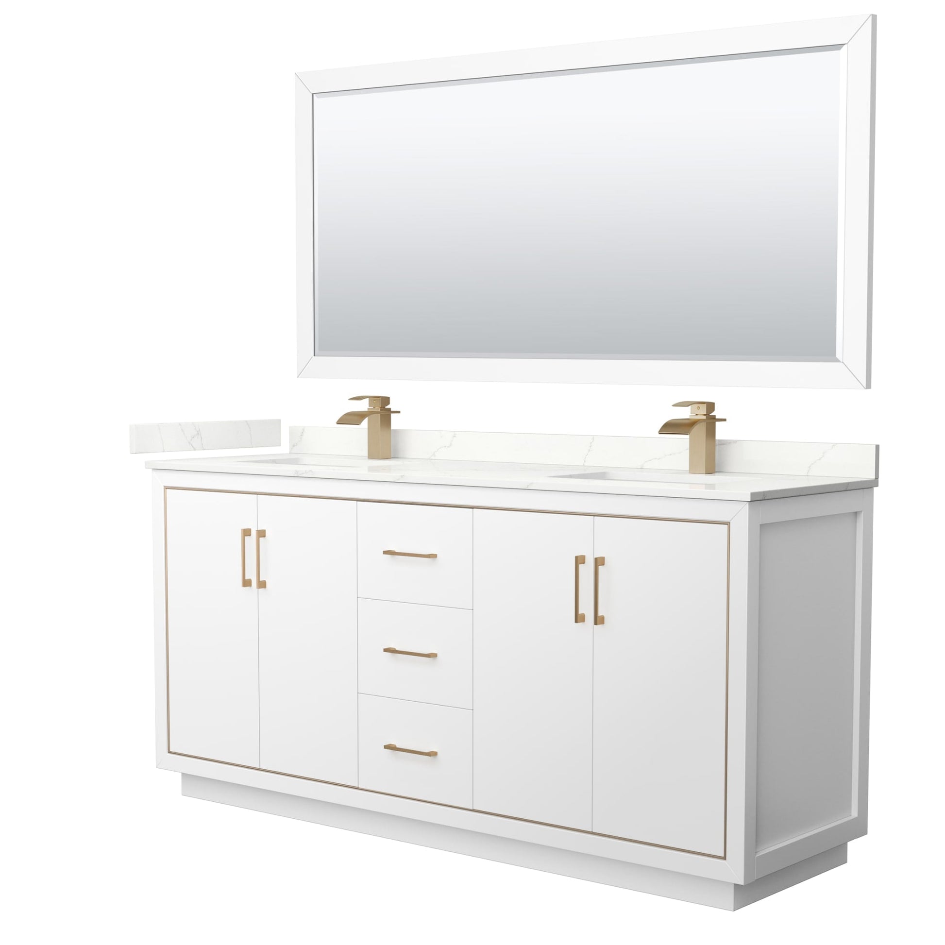 Wyndham Collection Icon 72" Double Bathroom Vanity in White, Giotto Quartz Countertop, Undermount Square Sinks (1-Hole), Satin Bronze Trim, 70" Mirror