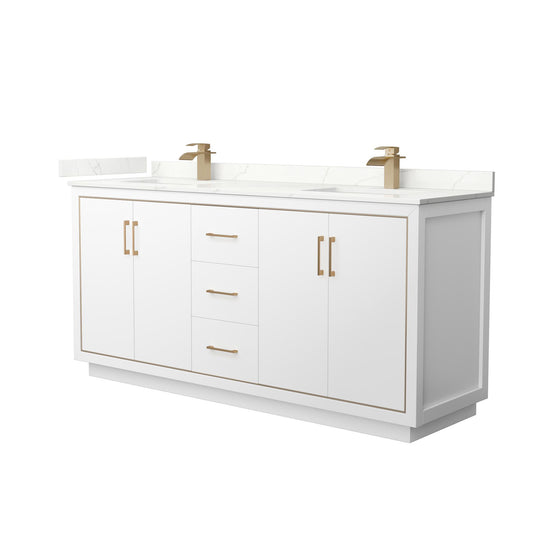 Wyndham Collection Icon 72" Double Bathroom Vanity in White, Giotto Quartz Countertop, Undermount Square Sinks (1-Hole), Satin Bronze Trim
