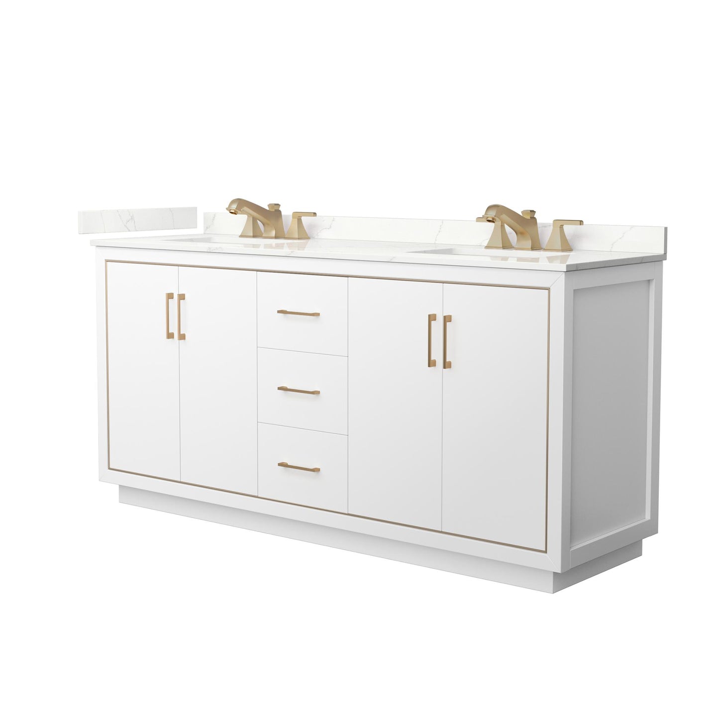 Wyndham Collection Icon 72" Double Bathroom Vanity in White, Giotto Quartz Countertop, Undermount Square Sinks (3-Hole), Satin Bronze Trim