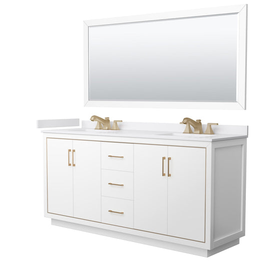 Wyndham Collection Icon 72" Double Bathroom Vanity in White, White Cultured Marble Countertop, Undermount Square Sinks (3-Hole), Satin Bronze Trim, 70" Mirror