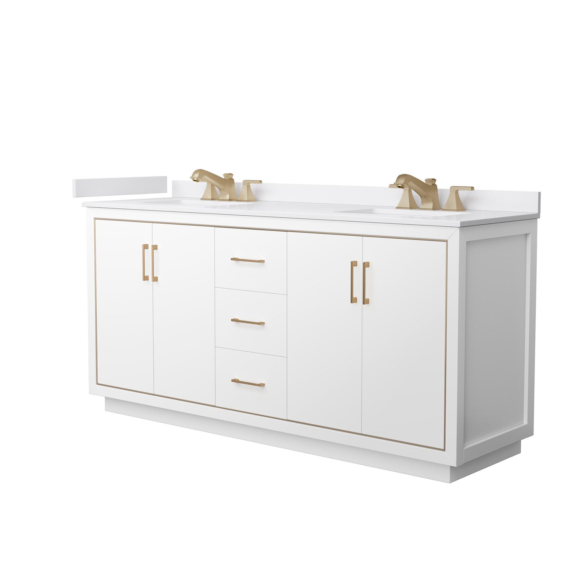 Wyndham Collection Icon 72" Double Bathroom Vanity in White, White Cultured Marble Countertop, Undermount Square Sinks (3-Hole), Satin Bronze Trim