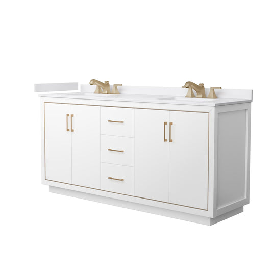 Wyndham Collection Icon 72" Double Bathroom Vanity in White, White Cultured Marble Countertop, Undermount Square Sinks (3-Hole), Satin Bronze Trim