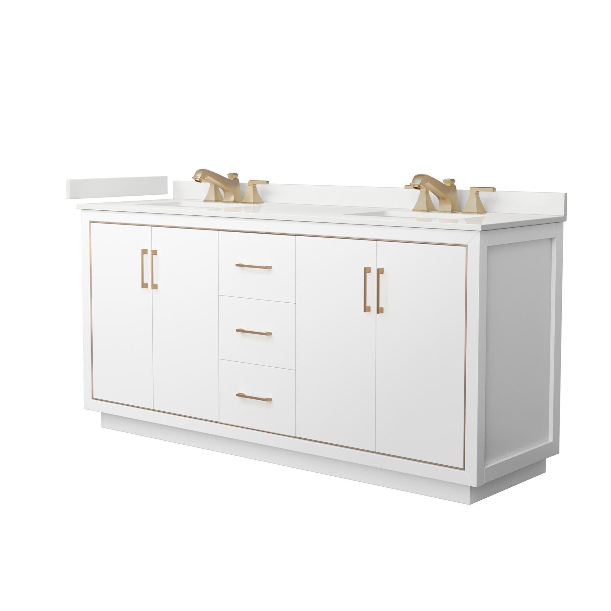 Wyndham Collection Icon 72" Double Bathroom Vanity in White, White Quartz Countertop, Undermount Square Sinks (3-Hole), Satin Bronze Trim