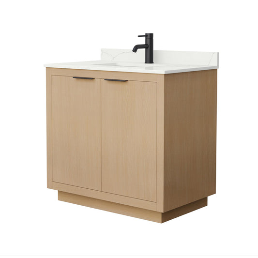 Wyndham Collection Maroni 36 Inch Single Bathroom Vanity in Light Straw, Giotto Quartz Countertop, Undermount Square Sink (1-Hole), Matte Black Trim