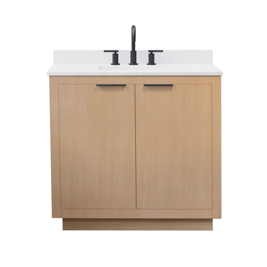 Wyndham Collection Maroni 36 Inch Single Bathroom Vanity in Light Straw, White Cultured Marble Countertop, Undermount Square Sink (3-Hole), Matte Black Trim