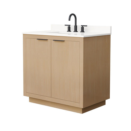 Wyndham Collection Maroni 36 Inch Single Bathroom Vanity in Light Straw, White Quartz Countertop, Undermount Square Sink (3-Hole), Matte Black Trim