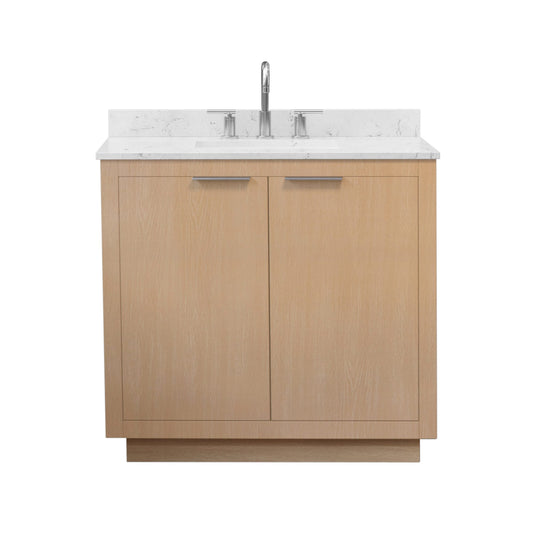 Wyndham Collection Maroni 36 Inch Single Bathroom Vanity in Light Straw, Carrara Cultured Marble Countertop, Undermount Square Sink (3-Hole), Brushed Nickel Trim