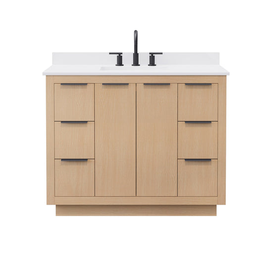 Wyndham Collection Maroni 42 Inch Single Bathroom Vanity in Light Straw, White Cultured Marble Countertop, Undermount Square Sink (3-Hole), Matte Black Trim