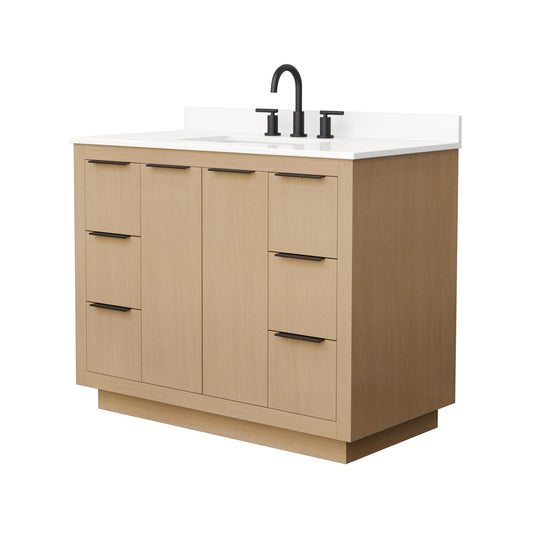 Wyndham Collection Maroni 42 Inch Single Bathroom Vanity in Light Straw, White Quartz Countertop, Undermount Square Sink (3-Hole), Matte Black Trim
