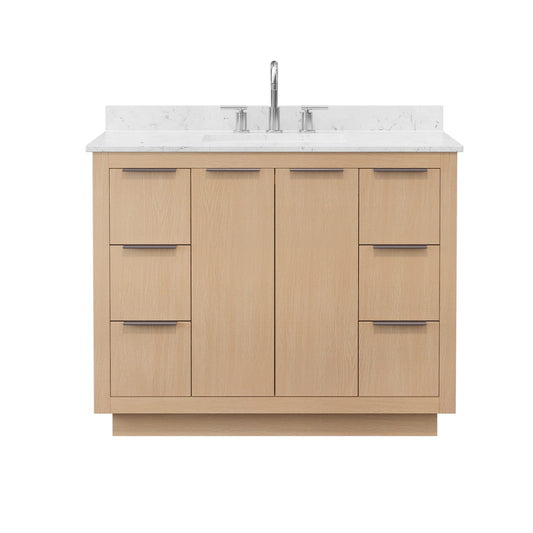 Wyndham Collection Maroni 42 Inch Single Bathroom Vanity in Light Straw, Carrara Cultured Marble Countertop, Undermount Square Sink (3-Hole), Brushed Nickel Trim