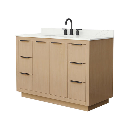 Wyndham Collection Maroni 48 Inch Single Bathroom Vanity in Light Straw, Giotto Quartz Countertop, Undermount Square Sink (3-Hole), Matte Black Trim