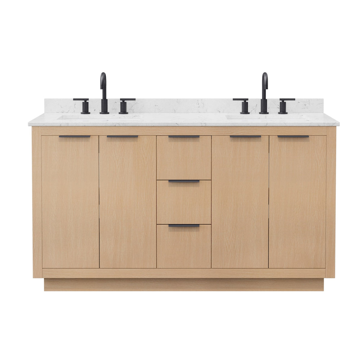 Wyndham Collection Maroni 60 Inch Double Bathroom Vanity in Light Straw, Carrara Cultured Marble Countertop, Undermount Square Sinks (3-Hole), Matte Black Trim