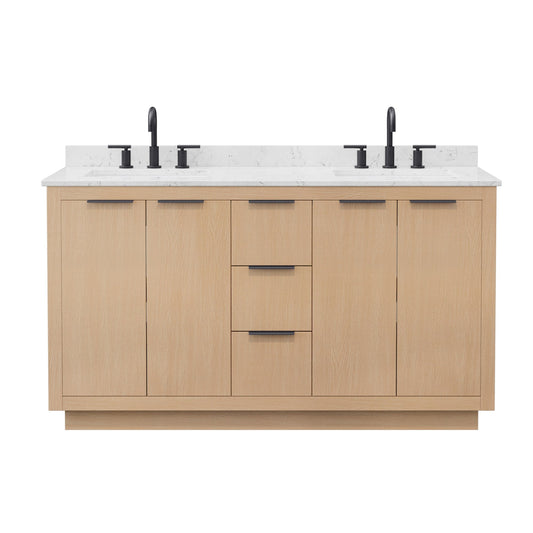 Wyndham Collection Maroni 60 Inch Double Bathroom Vanity in Light Straw, Carrara Cultured Marble Countertop, Undermount Square Sinks (3-Hole), Matte Black Trim