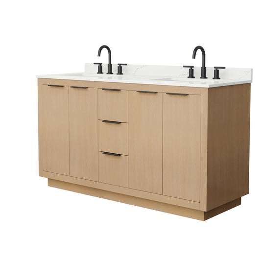 Wyndham Collection Maroni 60 Inch Double Bathroom Vanity in Light Straw, Giotto Quartz Countertop, Undermount Square Sinks (3-Hole), Matte Black Trim