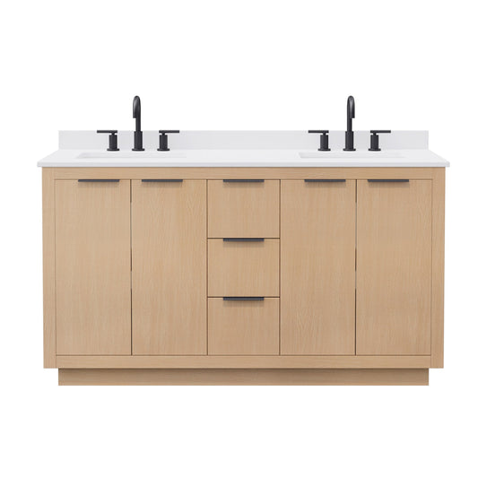 Wyndham Collection Maroni 60 Inch Double Bathroom Vanity in Light Straw, White Cultured Marble Countertop, Undermount Square Sinks (3-Hole), Matte Black Trim