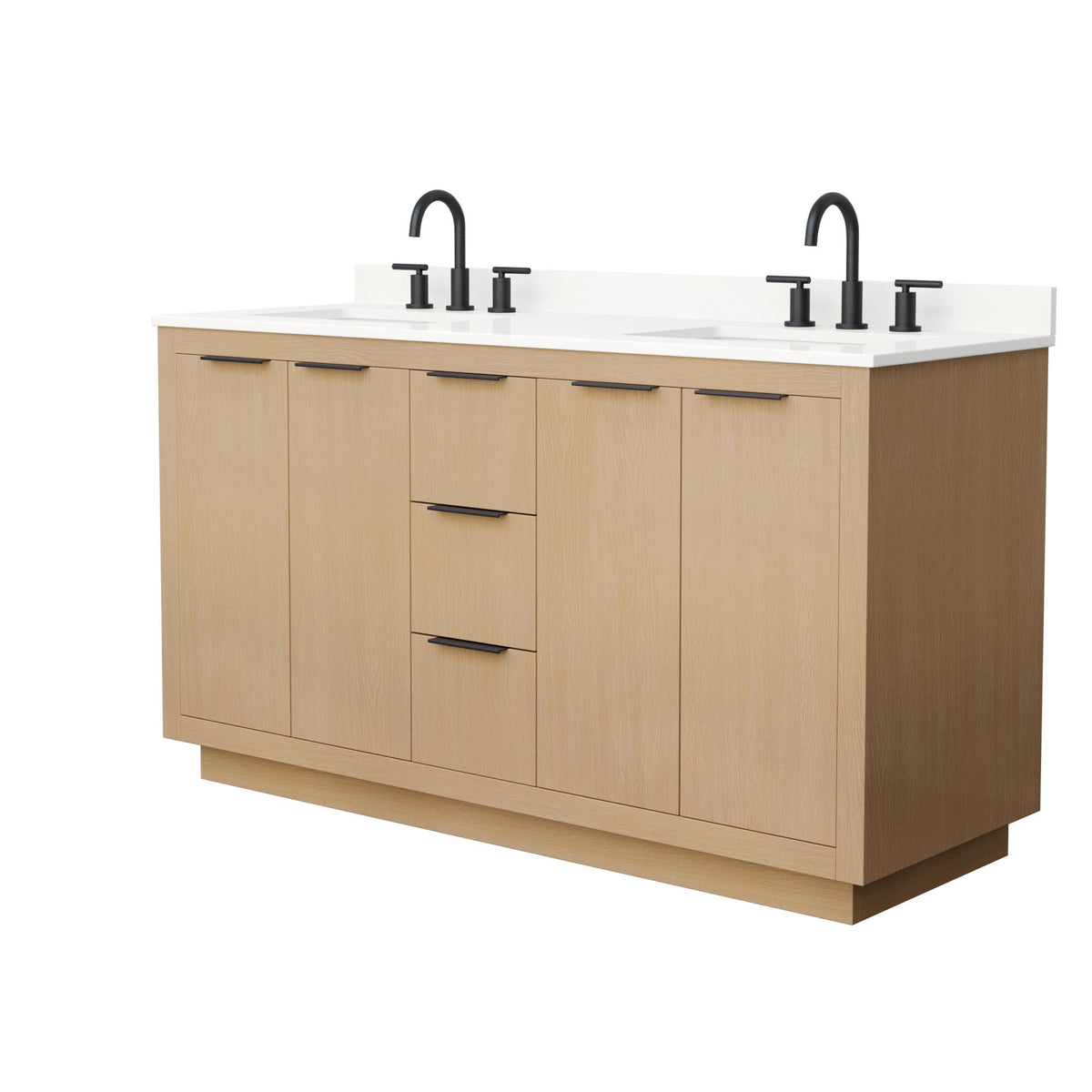 Wyndham Collection Maroni 60 Inch Double Bathroom Vanity in Light Straw, White Quartz Countertop, Undermount Square Sinks (3-Hole), Matte Black Trim