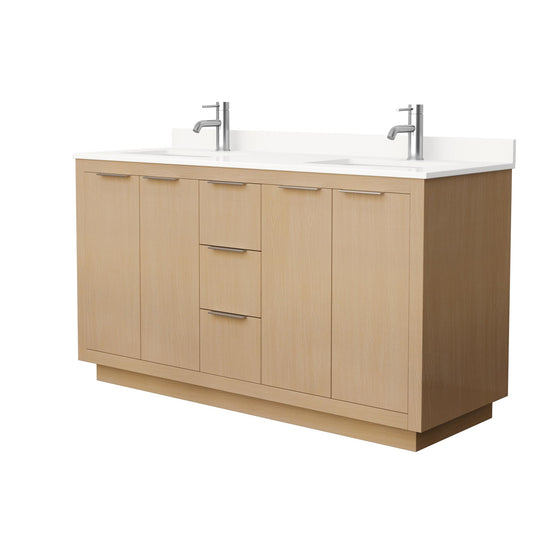 Wyndham Collection Maroni 60 Inch Double Bathroom Vanity in Light Straw, White Quartz Countertop, Undermount Square Sinks (1-Hole), Brushed Nickel Trim