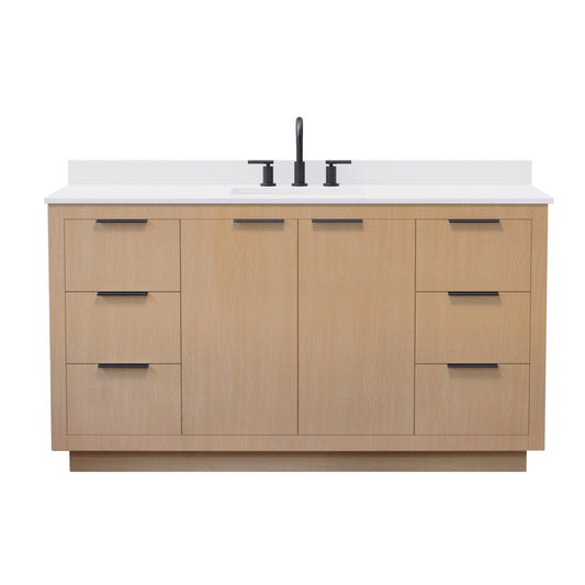 Wyndham Collection Maroni 60 Inch Single Bathroom Vanity in Light Straw, White Cultured Marble Countertop, Undermount Square Sink (3-Hole), Matte Black Trim