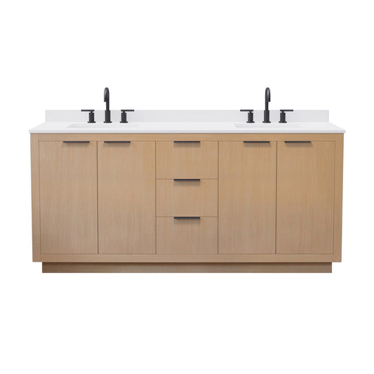 Wyndham Collection Maroni 72 Inch Double Bathroom Vanity in Light Straw, White Cultured Marble Countertop, Undermount Square Sinks (3-Hole), Matte Black Trim