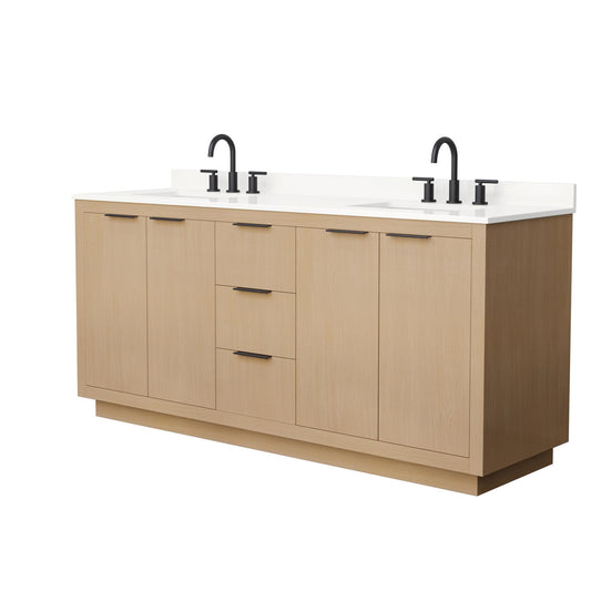 Wyndham Collection Maroni 72 Inch Double Bathroom Vanity in Light Straw, White Quartz Countertop, Undermount Square Sinks (3-Hole), Matte Black Trim