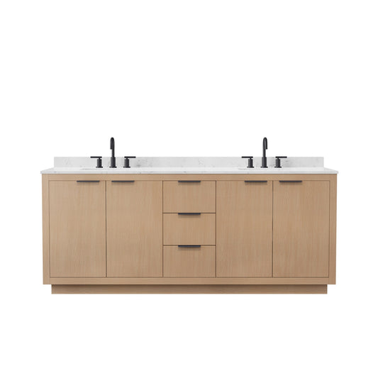 Wyndham Collection Maroni 80 Inch Double Bathroom Vanity in Light Straw, Carrara Cultured Marble Countertop, Undermount Square Sinks (3-Hole), Matte Black Trim