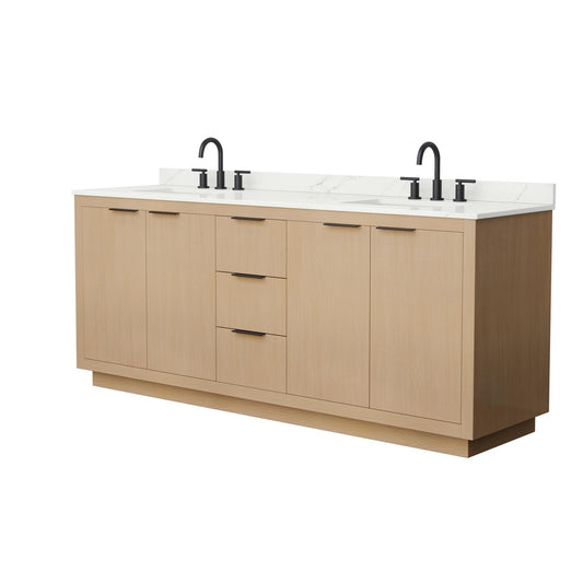 Wyndham Collection Maroni 80 Inch Double Bathroom Vanity in Light Straw, Giotto Quartz Countertop, Undermount Square Sinks (3-Hole), Matte Black Trim