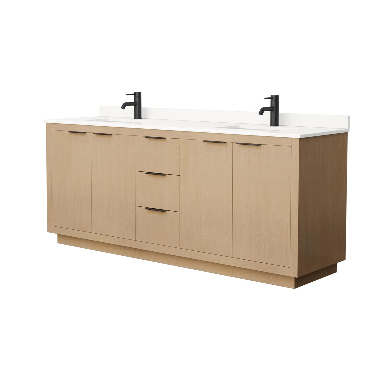 Wyndham Collection Maroni 80 Inch Double Bathroom Vanity in Light Straw, White Quartz Countertop, Undermount Square Sinks (1-Hole), Matte Black Trim