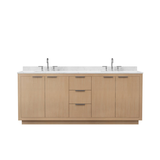 Wyndham Collection Maroni 80 Inch Double Bathroom Vanity in Light Straw, Carrara Cultured Marble Countertop, Undermount Square Sinks (3-Hole), Brushed Nickel Trim