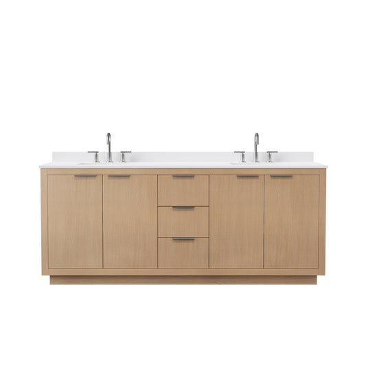 Wyndham Collection Maroni 80 Inch Double Bathroom Vanity in Light Straw, White Cultured Marble Countertop, Undermount Square Sinks (3-Hole), Brushed Nickel Trim