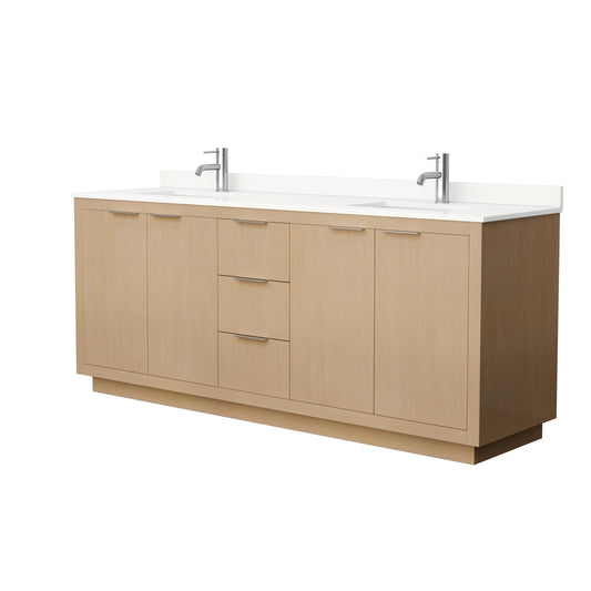 Wyndham Collection Maroni 80 Inch Double Bathroom Vanity in Light Straw, White Quartz Countertop, Undermount Square Sinks (1-Hole), Brushed Nickel Trim