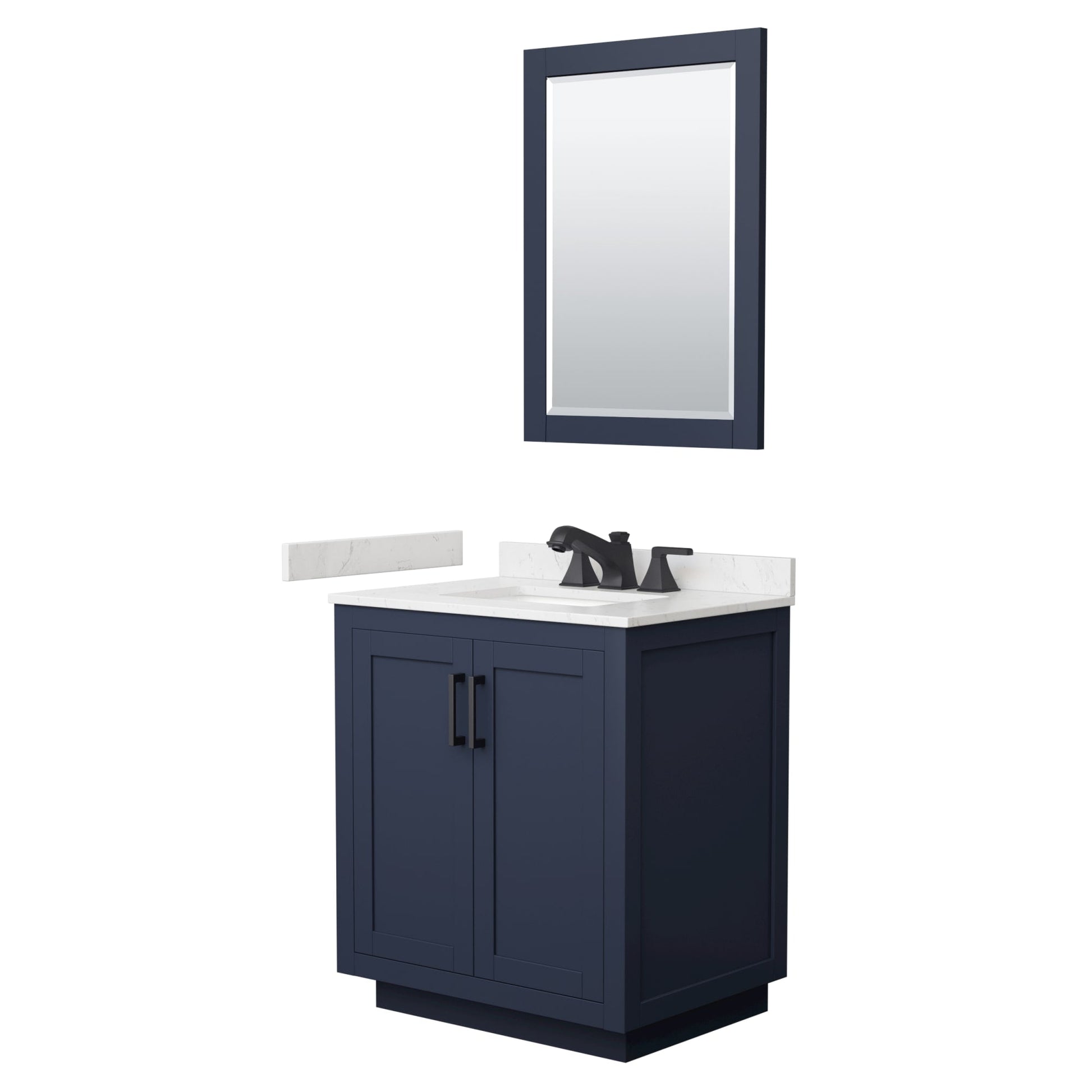 Wyndham Collection Miranda 30" Single Bathroom Vanity in Dark Blue, Carrara Cultured Marble Countertop, Undermount Square Sink (3-Hole), Matte Black Trim and 24" Mirror