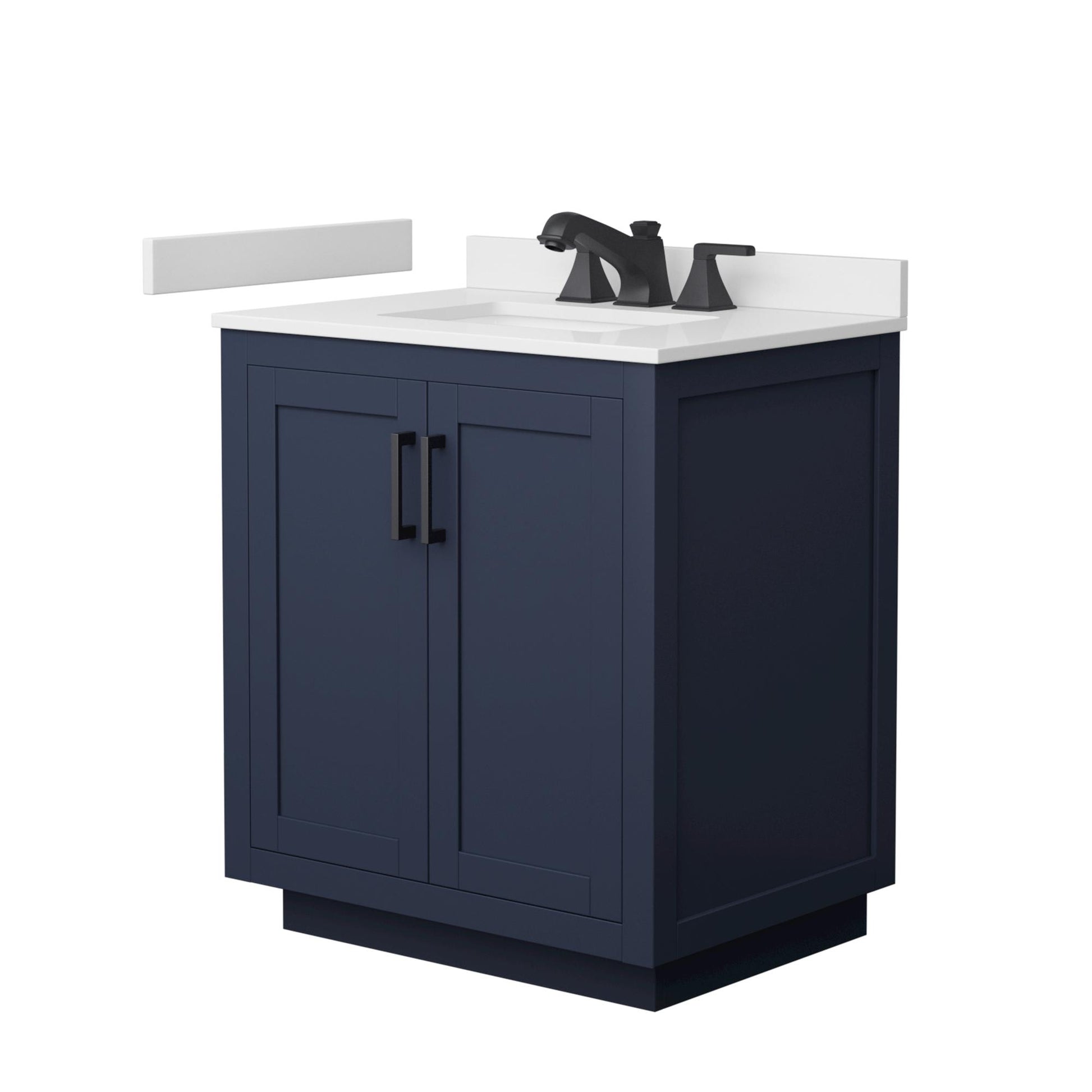 Wyndham Collection Miranda 30" Single Bathroom Vanity in Dark Blue, White Cultured Marble Countertop, Undermount Square Sink (3-Hole), Matte Black Trim
