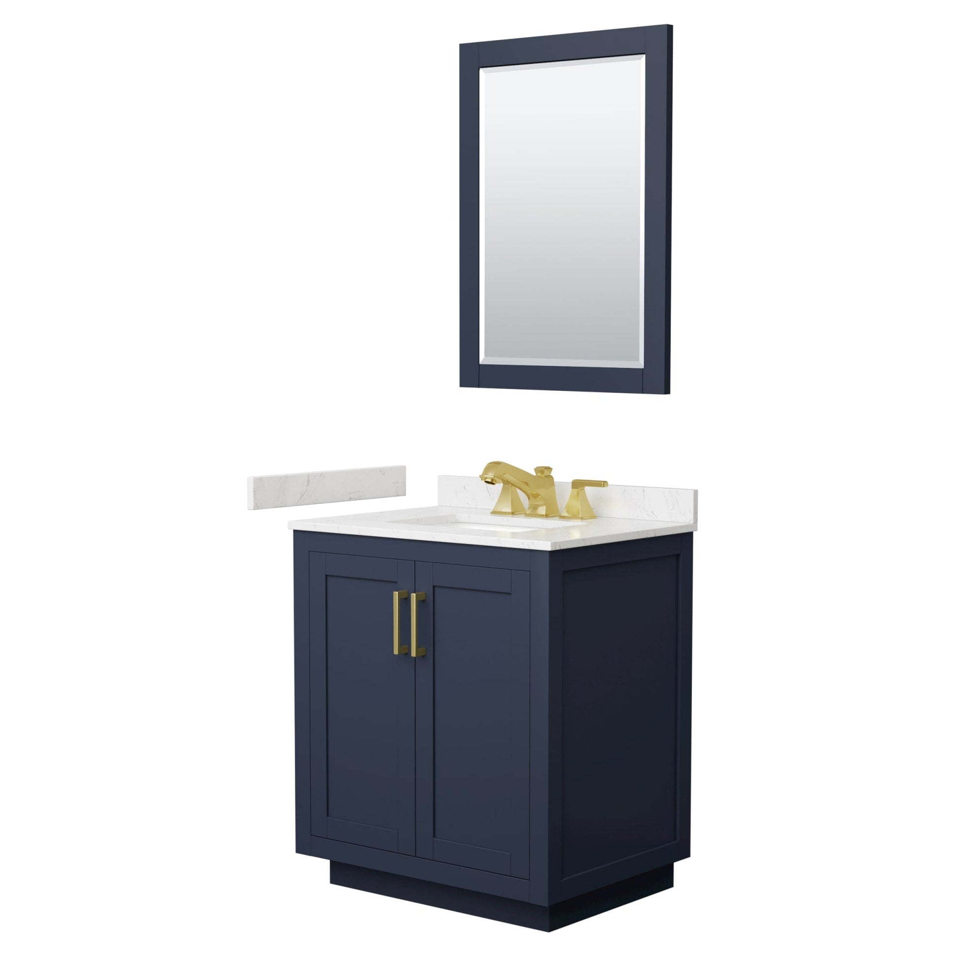 Wyndham Collection Miranda 30" Single Bathroom Vanity in Dark Blue, Carrara Cultured Marble Countertop, Undermount Square Sink (3-Hole), Brushed Gold Trim and 24" Mirror