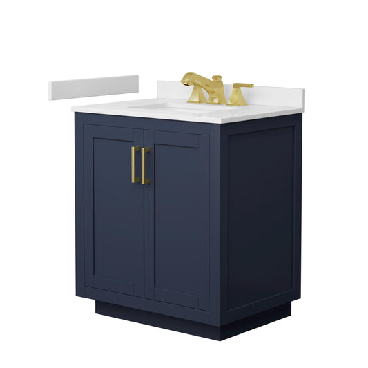Wyndham Collection Miranda 30" Single Bathroom Vanity in Dark Blue, White Cultured Marble Countertop, Undermount Square Sink (3-Hole), Brushed Gold Trim