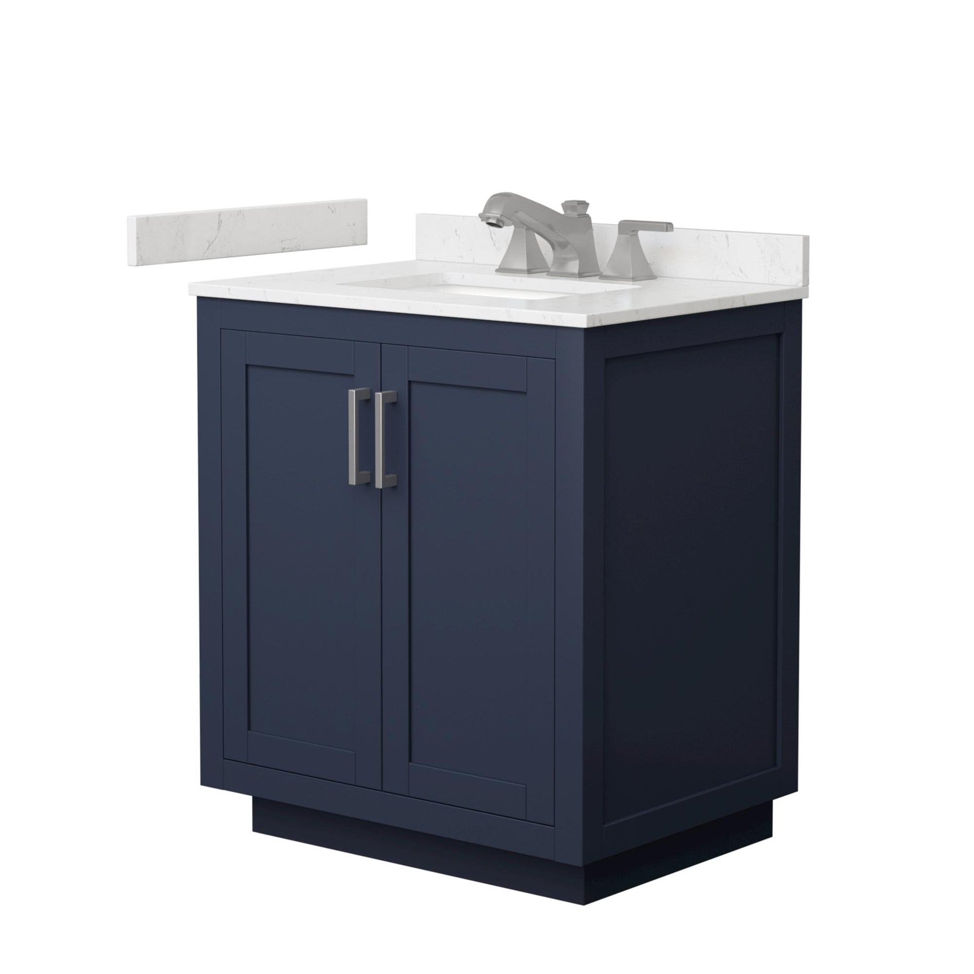 Wyndham Collection Miranda 30" Single Bathroom Vanity in Dark Blue, Carrara Cultured Marble Countertop, Undermount Square Sink (3-Hole), Brushed Nickel Trim