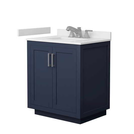 Wyndham Collection Miranda 30" Single Bathroom Vanity in Dark Blue, White Cultured Marble Countertop, Undermount Square Sink (3-Hole), Brushed Nickel Trim