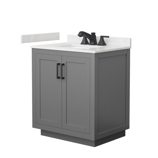 Wyndham Collection Miranda 30" Single Bathroom Vanity in Dark Gray, Carrara Cultured Marble Countertop, Undermount Square Sink (3-Hole), Matte Black Trim