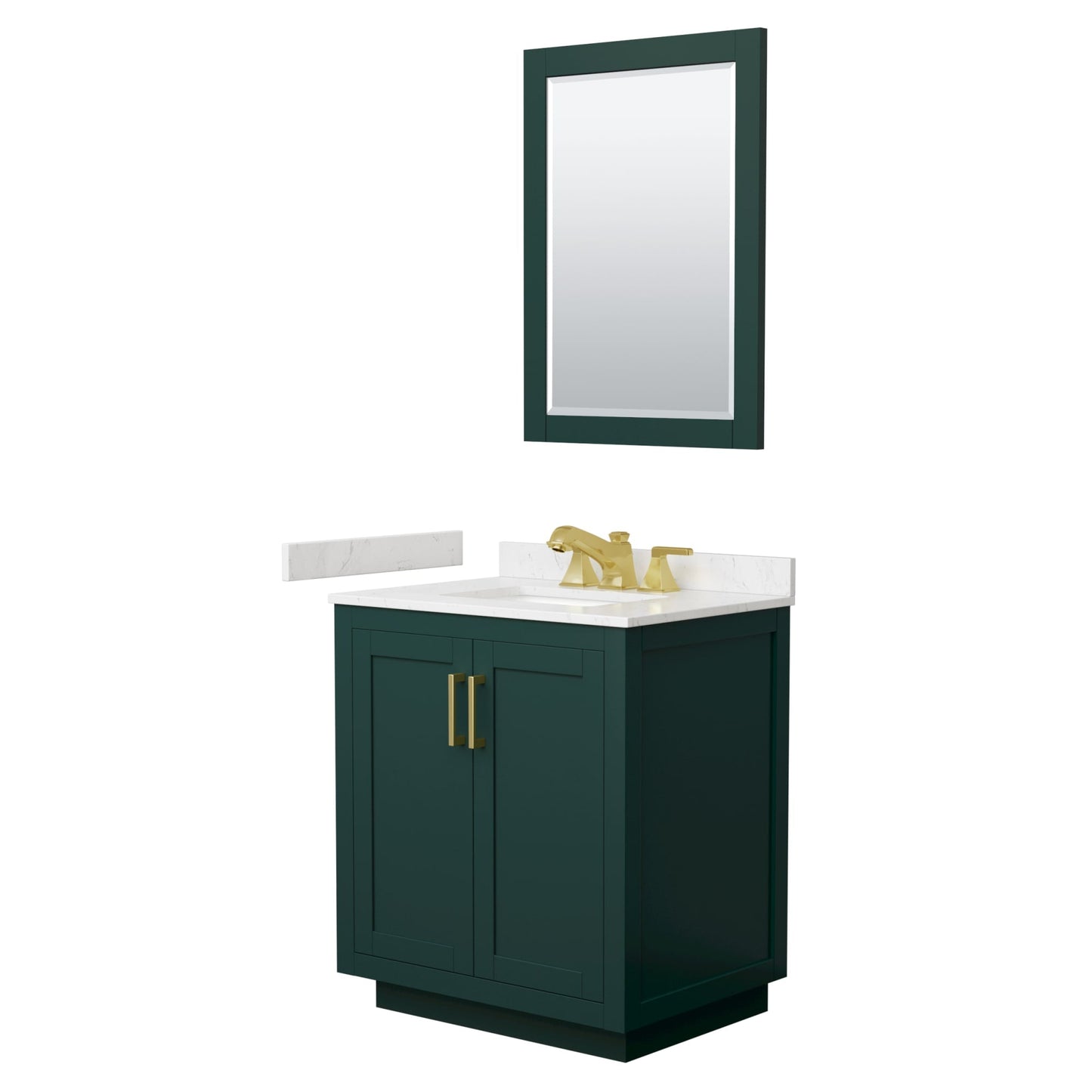 Wyndham Collection Miranda 30" Single Bathroom Vanity in Green, Carrara Cultured Marble Countertop, Undermount Square Sink (3-Hole), Brushed Gold Trim and 24" Mirror