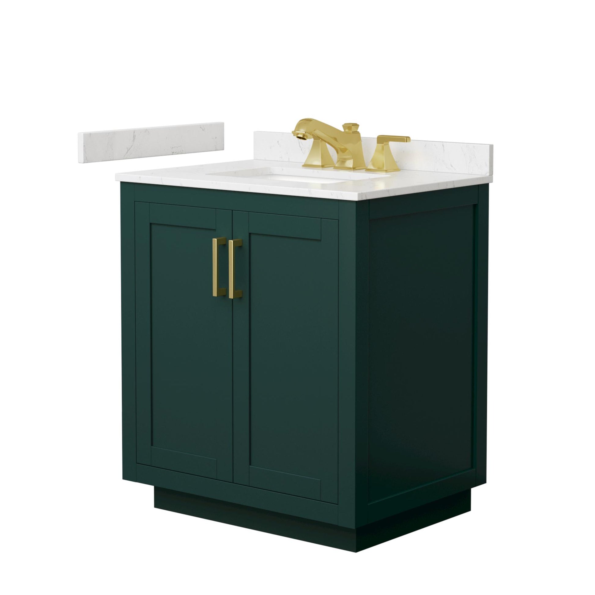 Wyndham Collection Miranda 30" Single Bathroom Vanity in Green, Carrara Cultured Marble Countertop, Undermount Square Sink (3-Hole), Brushed Gold Trim
