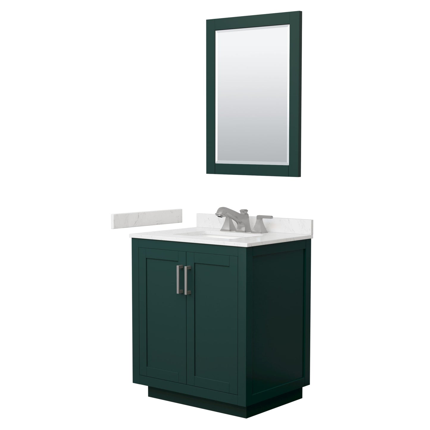 Wyndham Collection Miranda 30" Single Bathroom Vanity in Green, Carrara Cultured Marble Countertop, Undermount Square Sink (3-Hole), Brushed Nickel Trim and 24" Mirror