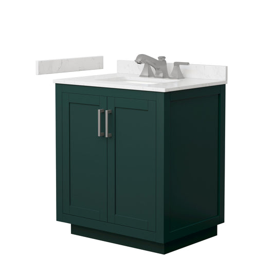 Wyndham Collection Miranda 30" Single Bathroom Vanity in Green, Carrara Cultured Marble Countertop, Undermount Square Sink (3-Hole), Brushed Nickel Trim