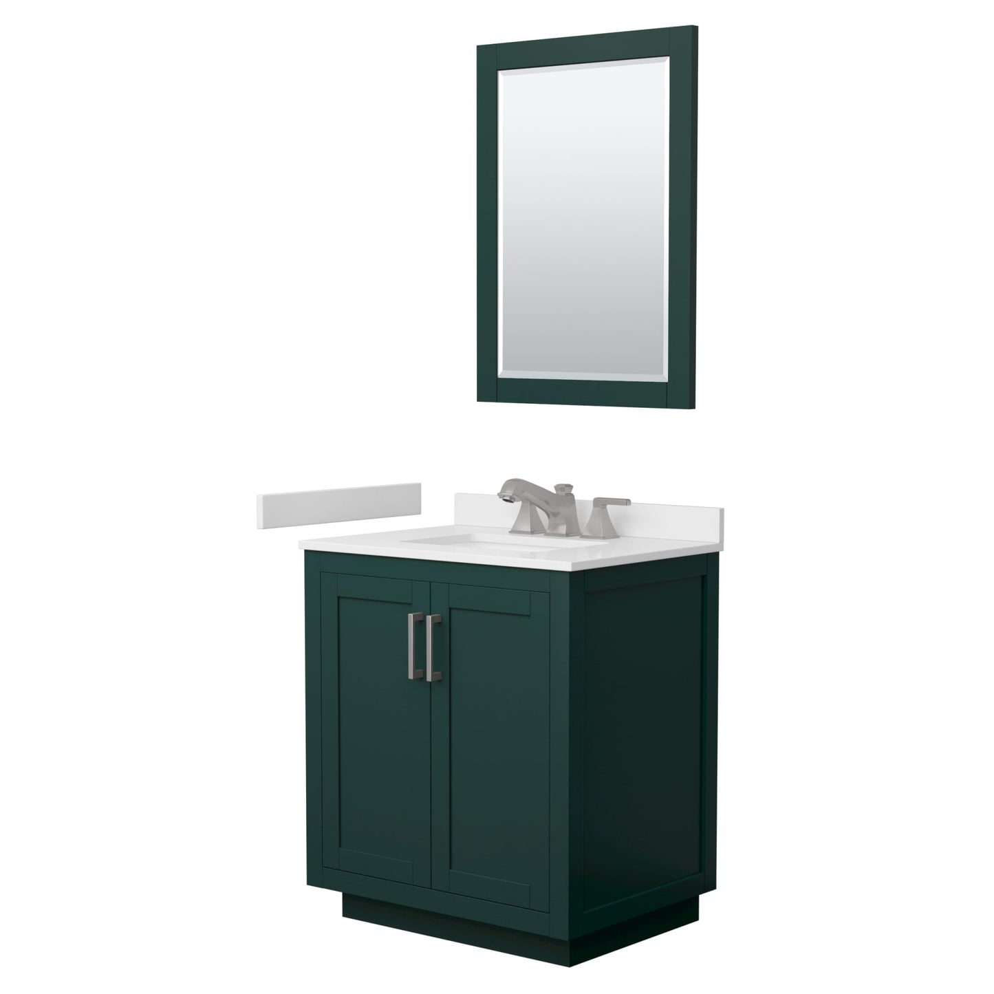 Wyndham Collection Miranda 30" Single Bathroom Vanity in Green, White Cultured Marble Countertop, Undermount Square Sink (3-Hole), Brushed Nickel Trim and 24" Mirror
